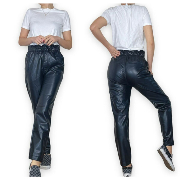 NWT Abercrombie & Fitch High Rise Black Faux Leather Pants Pull-On Size Large - Picture 1 of 16